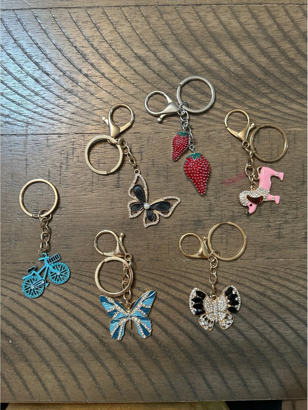 Keychain Lot of 6 Butterfly Strawberry Bicycle Dog Rhinestone Enamel Charms
